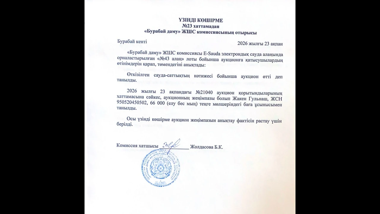 ВЫПИСКА из протокола №23 заседания комиссии ТОО «Бурабай даму» 