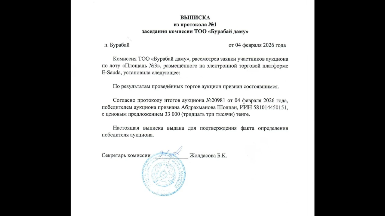 ҮЗІНДІ КӨШІРМЕ №1 хаттамадан «Бурабай даму» ЖШС комиссиясының отырысы 