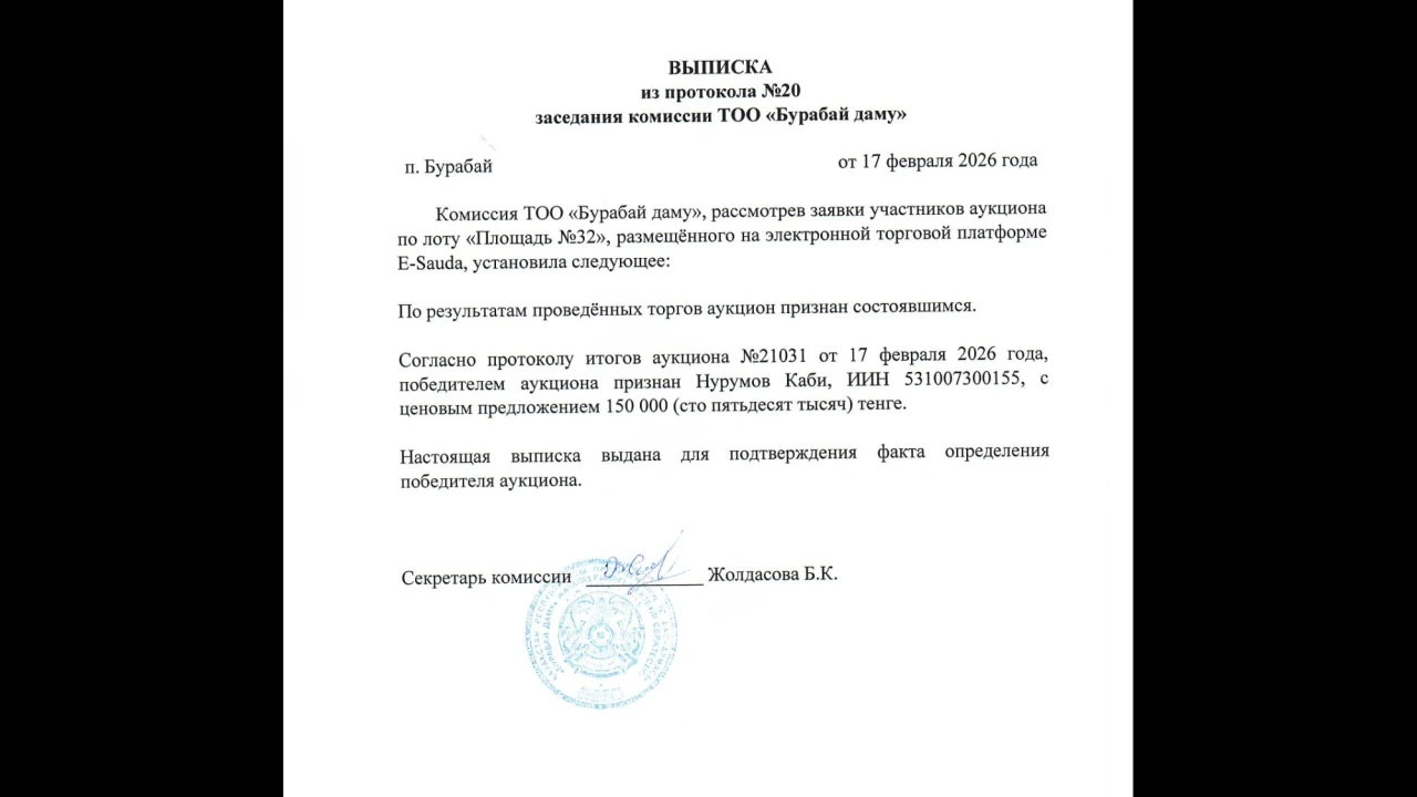 ҮЗІНДІ КӨШІРМЕ №20 хаттамадан «Бурабай даму» ЖШС комиссиясының отырысы 
