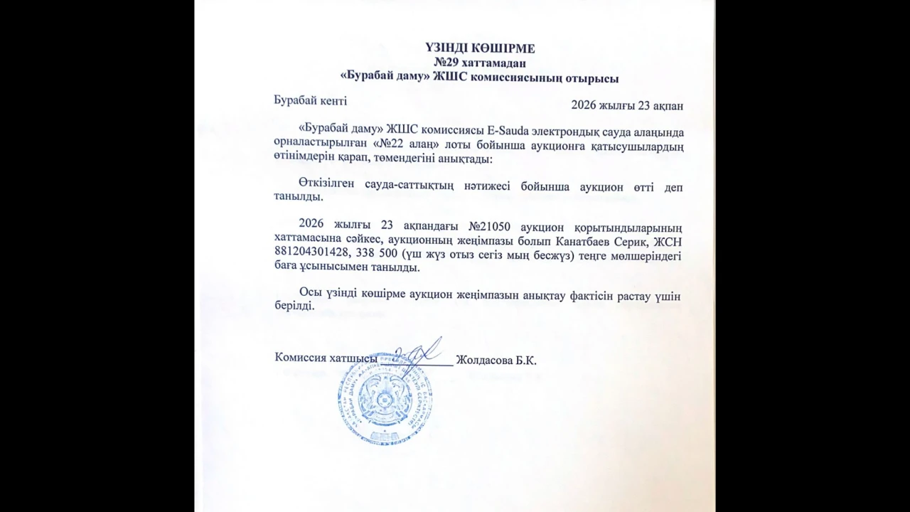 ҮЗІНДІ КӨШІРМЕ №29 хаттамадан «Бурабай даму» ЖШС комиссиясының отырысы 