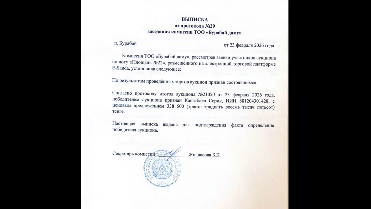 ҮЗІНДІ КӨШІРМЕ №29 хаттамадан «Бурабай даму» ЖШС комиссиясының отырысы 